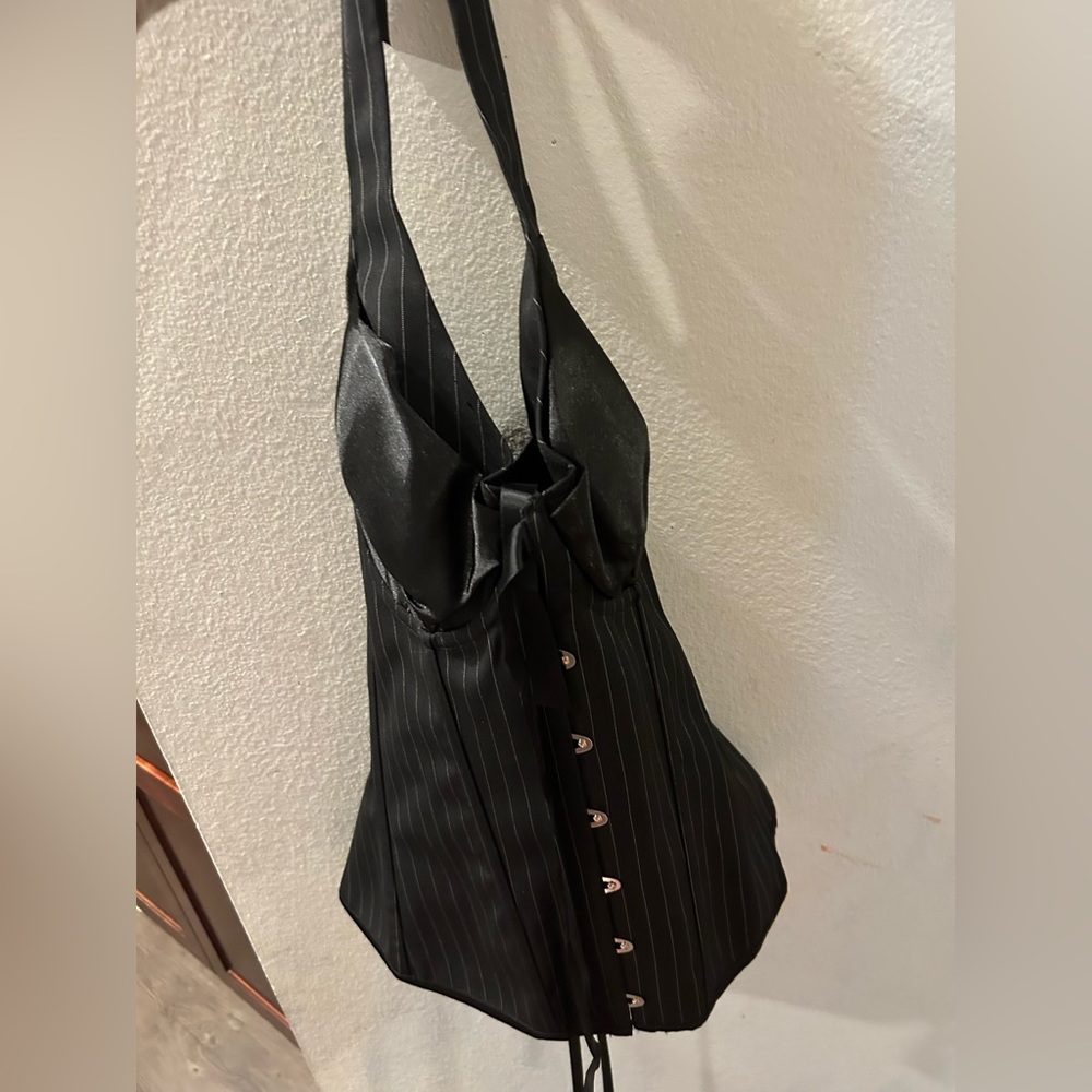 Black pinstripe corset halter top lace up